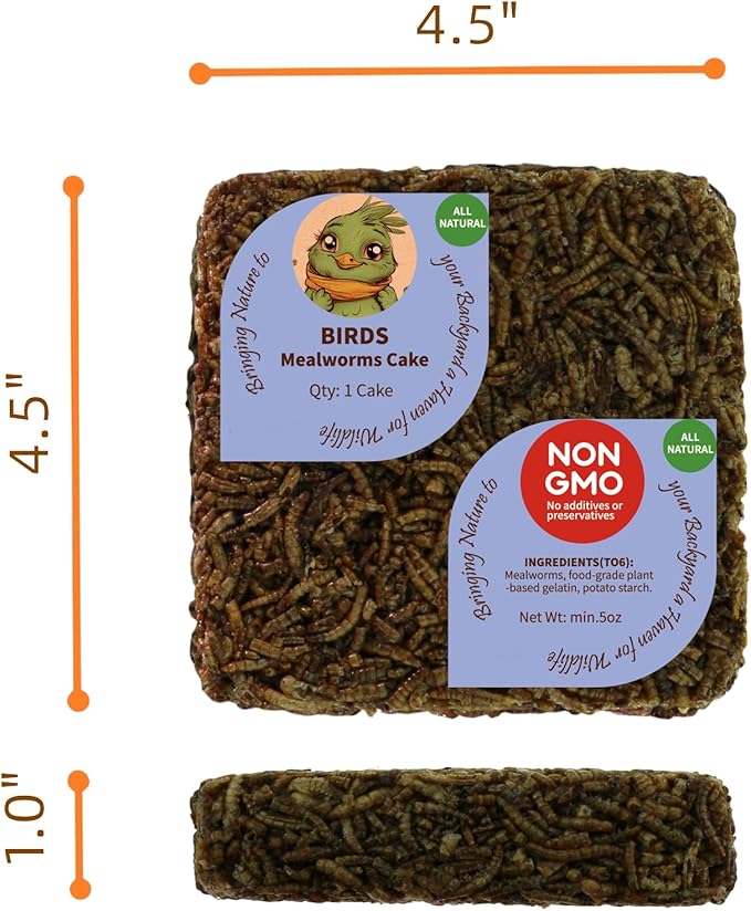 Wild Bird Mealworms Suet Cakes, High Protein Feed, Pack of 6, Size 4.5"x4.5"x1.0" Poultry Feed, Cattle Feed (4.5"x4.5"x1.0", Mealworms)