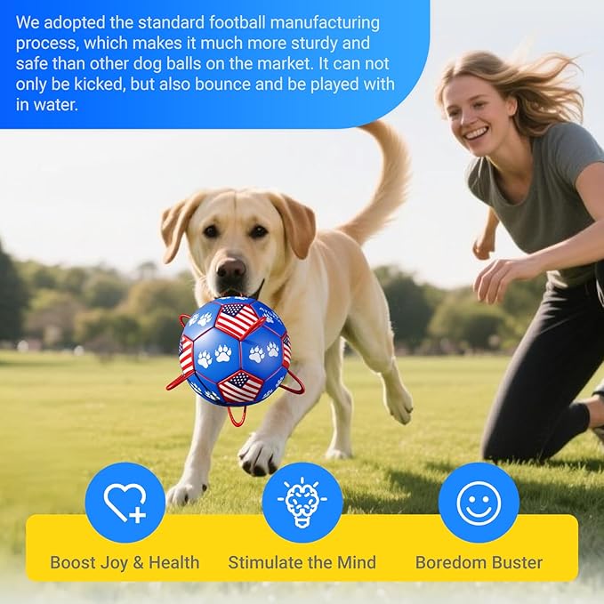 Size 3 Interactive Dog Football with Strap, Blue & Red, Eye-Catching Paw Prints and Flag Design, Ideal Outdoor Training Pet Toy, Perfect Choice for Medium & Large Dogs' Playtime