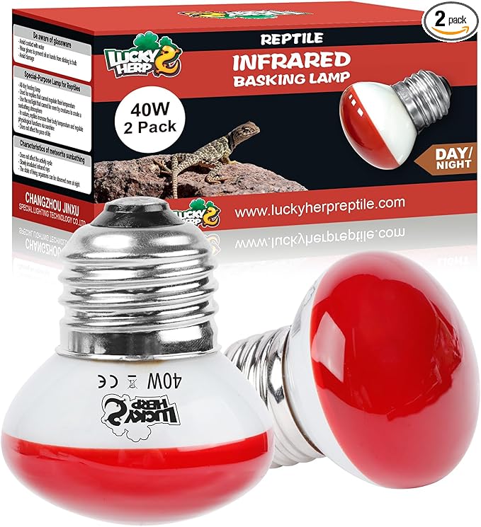 LUCKY HERP Infrared Heat Lamp, 40W Reptile Heat Lamp 2 Pack Red Heat Lamp Bulbs, Infrared Basking Spot Heat Light Bulb, Amphibians Heat Lamp Bulbs for Reptile, Geckos, Snakes, Lizard, Turtle