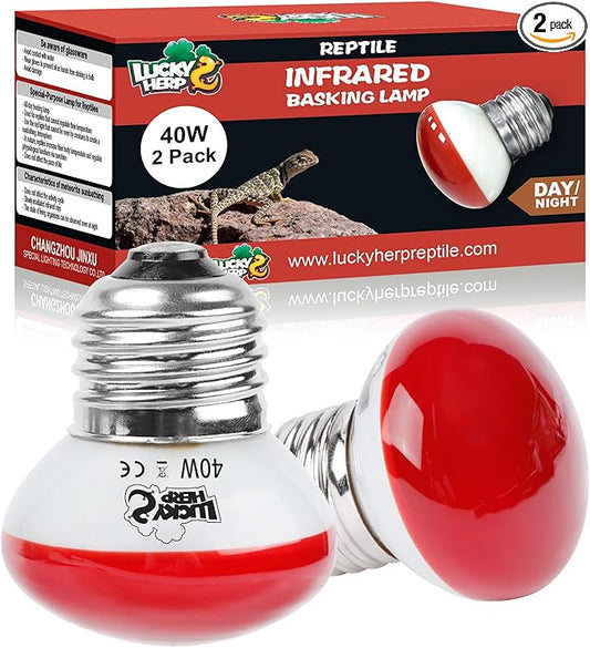 LUCKY HERP Infrared Heat Lamp, 40W Reptile Heat Lamp 2 Pack Red Heat Lamp Bulbs, Infrared Basking Spot Heat Light Bulb, Amphibians Heat Lamp Bulbs for Reptile, Geckos, Snakes, Lizard, Turtle