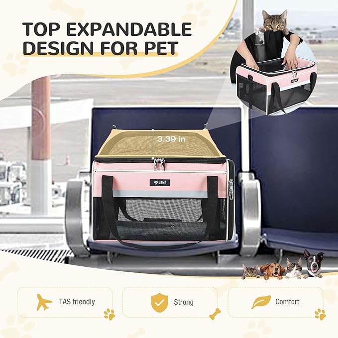 Lekereise Top-Expandable Pet Carrier - TSA Airline Approved Soft Sided Underseat Up to 12lbs Travel Carriers for Small Cats and Dogs with Locking Safety Zippers Anti-Scratch Mesh