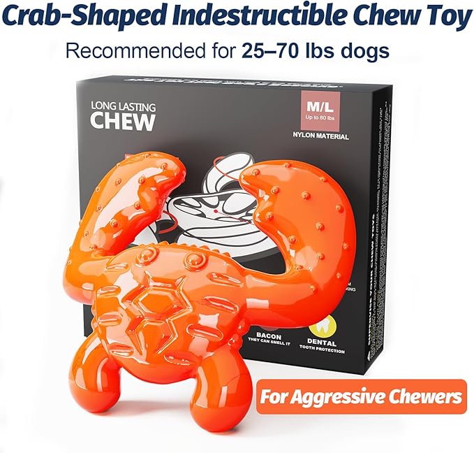 Indestructible Dog Chew Toy for Aggressive Chewers – Durable Nylon Crab Shape, Bacon Flavor, Treat Dispensing Chew Toy for Large Dogs, Teeth Cleaning & Anxiety Relief