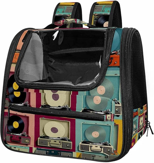 Color Record Player Pattern (1) Cat Carrier Backpack,900D Wear-Resistant Oxford Fabric, Dog Carrier Cat Backpacks Suitable for Travel