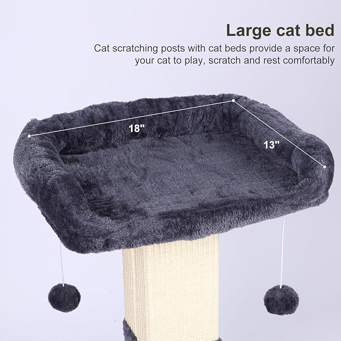 34" Cat Scratching Post for Indoor Cats, Sisal Cat Scratcher with Plush Perch and with Two Dangling Balls, Large Scratch Post with Bed, Removable Cover, Sisal Fabric