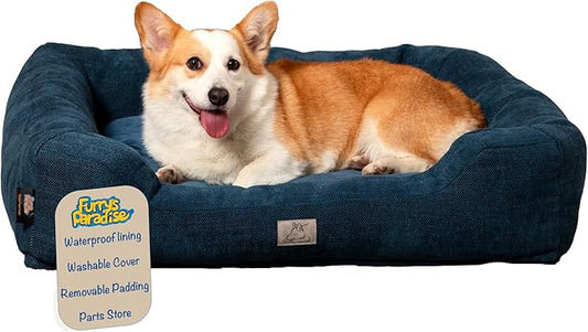 Furry's Paradise Cuddler Waterproof Bolster Pet Bed with Recycled Fibers and Non-Slip Bottom. (Deeper Waters, Medium)