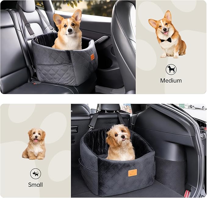 Dog Car Seat for Small/Medium, Memory Foam Dog Booster Car Seats with Thick Cushion for Dogs Under 30lbs, Detachable Washable Pet Travel Bed with Storage Pockets & 2 Safety Belt