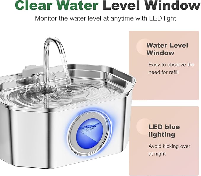 Cat Water Fountain Stainless Steel 108oz/3.2L, APAUK Automatic Pet Fountain Dog Water Dispenser with Water Level Window, Quiet Cat Fountain for Drinking, Inside with Replacement(2 Filters&2 Sponges)