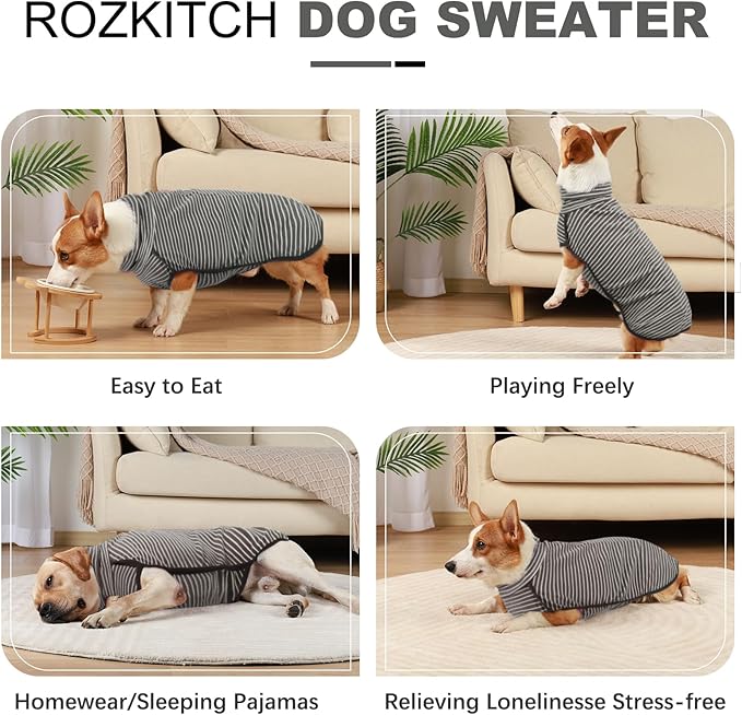 ROZKITCH Dog Winter Coat Soft Pullover Pajamas, Stripe Pet Windproof Warm Cold Weather Jacket Vest Cozy Jumpsuit Apparel Outfit Clothes for Walking Hiking Travel Sleep Stripe L
