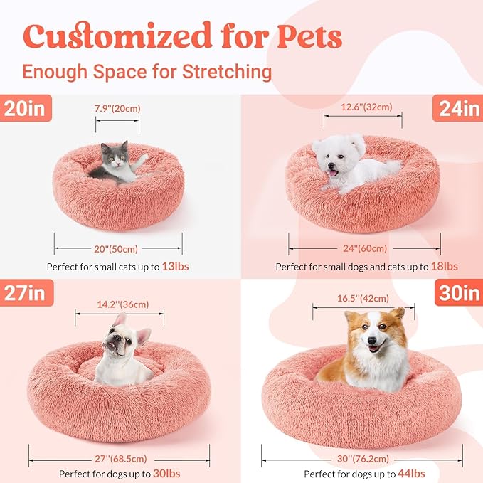 rabbitgoo Calming Dog Bed for Small Medium, 27 inches Pet Bed Machine Washable, Non-Slip Round Fluffy Plush Faux Fur, Soft Donut Cuddler Cushion for Small Dogs, Pink