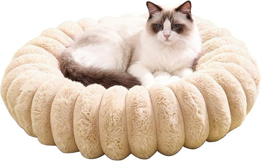 Cloudsoft Flower Cat Bed and Dog Bed, Washable Plush Pet Bed with Non-Slip Water-Resistant Bottom, Faux Furfor Cats & Small Dogs Up to 22 lbs, 22.8"x22.8" (Light Beige)