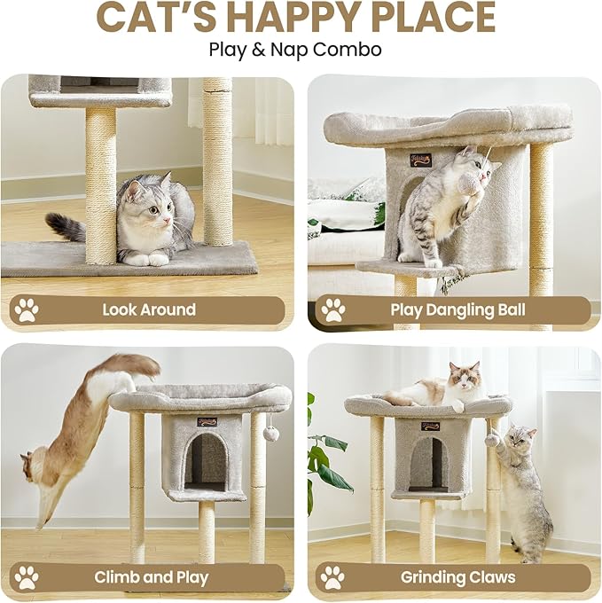 Small Cat Tree Tower for Indoor Large Cats, Cat Scratching Post with Big Perch Bed, 28in Tall Trees House with Condo Cave, Toy Balls, Modern Climbing Furniture Big Platform for Kitten (Light Gray)