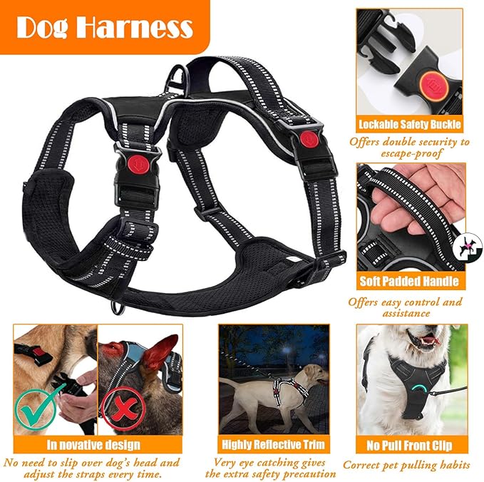 No Pull Dog Harness, Collar & Leash Set | Includes Dog Seat Belt, Collapsible Bowls & Poop Bag Dispenser. Ideal for Training, Walking, Hiking. Fits Small to Large Dogs(Blue-XL)