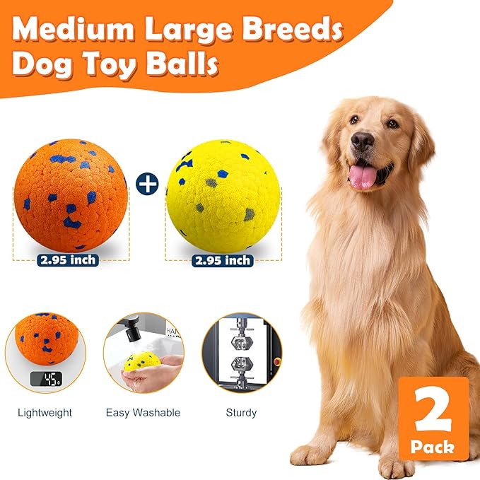 2 Pack Dog Balls Indestructible Tennis Balls for Dogs Durable Bouncy Dog Toy Balls for Aggressive Chewers Interactive Dog Toys for Water Toy Fetch Balls, Yellow,Orange