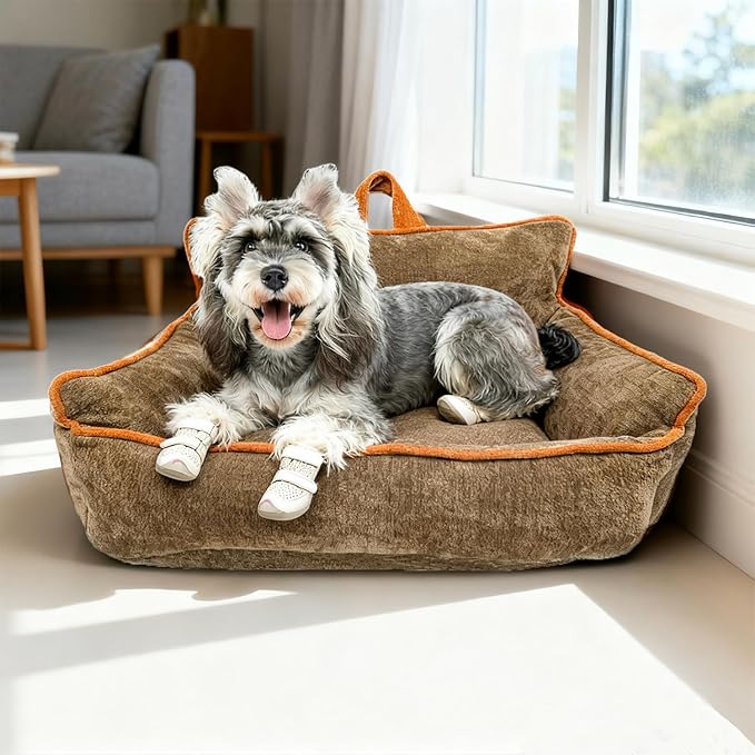 Small Orthopedic Dog Sofa Bed with Sides, Carry Handle & Side Pockets .Plush Chenille Orthopedic Pet Bed Couch for Small Breed Dogs & Cats .Portable Snuggler for Indoor Use, Travel & Recovery