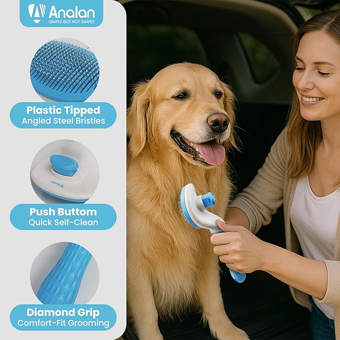 Analan 3-in-1 Pet Hair Remover & Grooming Set for Dogs & Cats – Self-Cleaning Brush for Shedding, Cat Brush, Metal Fur Remover for Couch Carpet & Car, and Rubber Tool for Clothes & Bedding