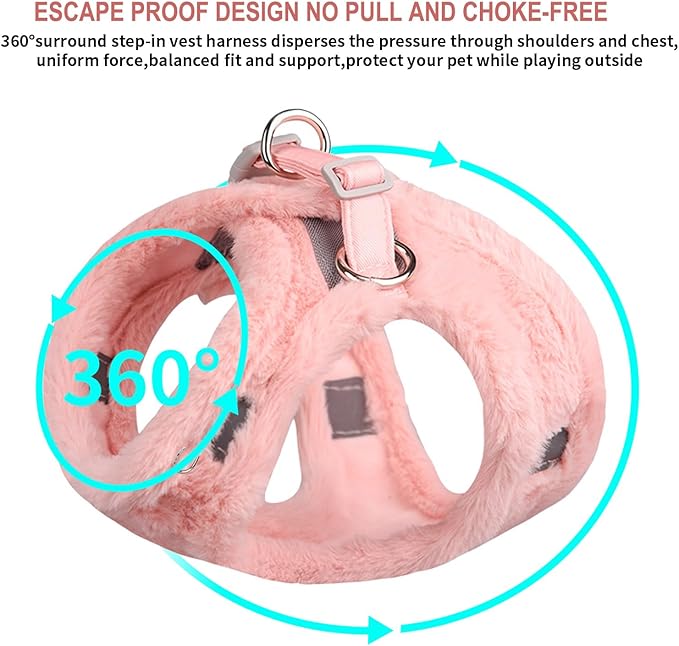 AIITLE Reflective Dog Vest Harness and Leash Set - Adjustable Plush Dog Harness with Safety and Double O-Rings Buckle -Cold Weather Dog Harness for Indoor and Outdoor Use Pure Pink XXXS