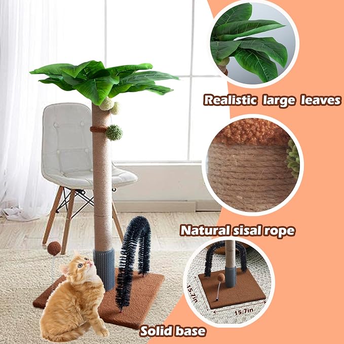 29.5 Inches Tall Cat Scratching Post with Arch Self Groomer Hanging Spring Balls,Brown Palm Sisal Cat Tree Kitty Activity Center for Adults Cats Kitten Indoor Cats