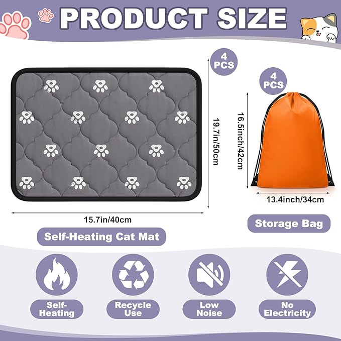 Riakrum 4 Pack Self Heating Cat Bed Pad Self Warming Pet Dog Mat Non Slip Washable Cat Kennel Crate Pad with Storage Bag for Indoor Outdoor Small Medium Dog Kitten(16 x 20 Inches)