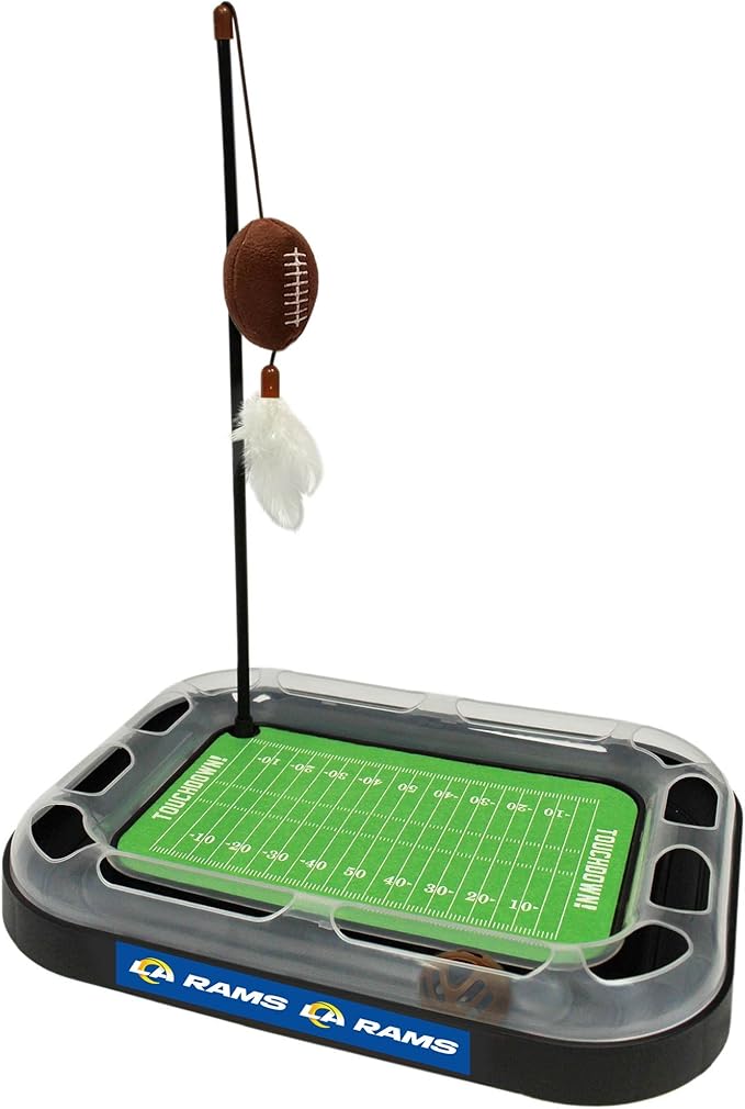 Pets First Cat Ball Track Toy Los Angeles RAMS Football Field CAT Scratcher Toy with Catnip Filled Plush Football Toy&Feather Cat Toy Hanging, Jingle Bell Interactive Ball Cat Chasing 5-in-1 Kitty Toy