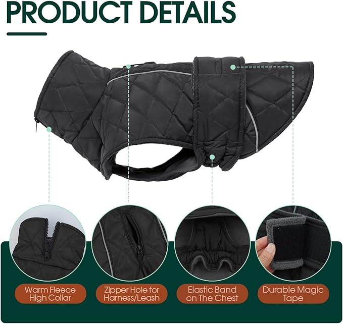 Kuoser Dog Coat Thermal Fleece Lined Dog Jacket, Adjustable Hook & Loop Dogs Coats for Medium Dogs Windproof Reflective Puppy Snow Jackets Pet Cold Weather Clothes with Harness Hole, Grey, M