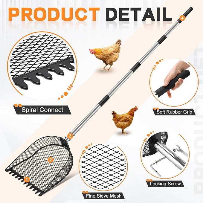 Metal Chicken Poop Scooper and Rake 2-in-1, Chicken Coop Scoop for Poop Sand with Stainless Steel Handle (43-73" Adjustable), Sifter Shovel Chicken Coop Sand Rake for Chicken Coops & Farm Animals