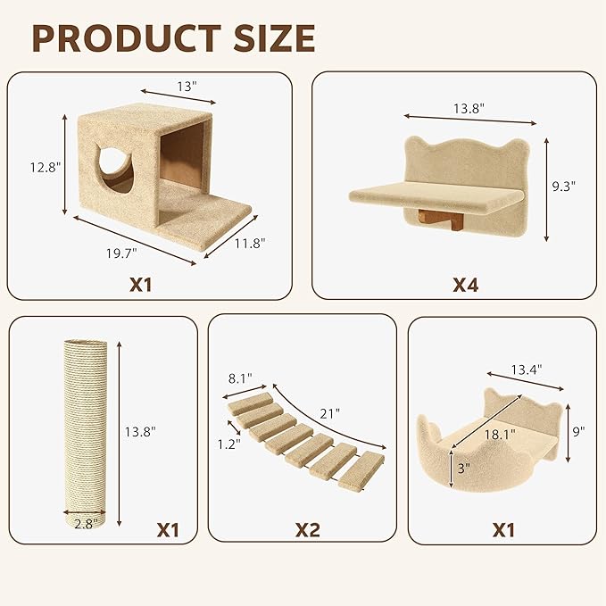 9-in-1 Cat Wall Shelves, Wall Mounted Cat Furniture Set with Plush Fabric, Cat Climbing Wall Systems, Cats Shelf Furniture with Condos, House, Steps, Bridge Ladder, Scratching Post, Beige