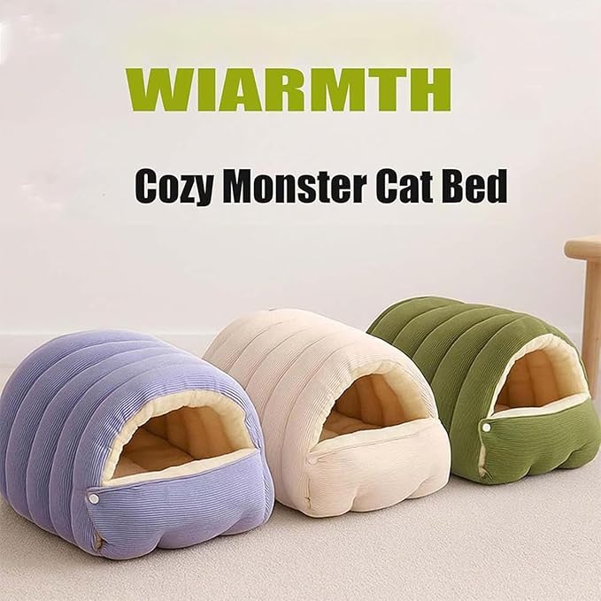 Removable and Washable Winter Closed-Off Cat Bed, Cat Winter Cave, Cute Cat Beds for Indoor Cats, Disassembled Design for Easier Cleaning, with Hair Remover (Green+Beige, 17.7 * 11.8 * 7.5 in)