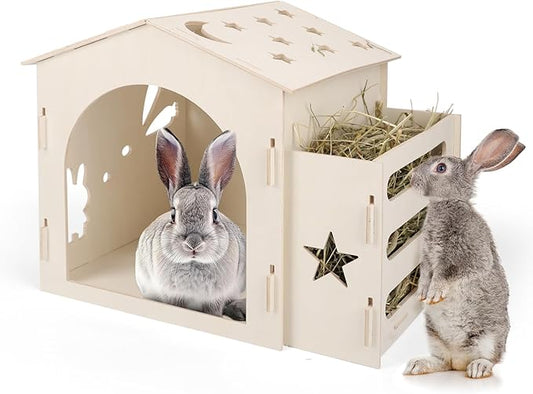 Extra Large Rabbit House & Rabbit Hay Feeder, Indoor Bunny Castle with Feeder, Small Animal Houses & Habitats and Guinea Pig Hay Feeder