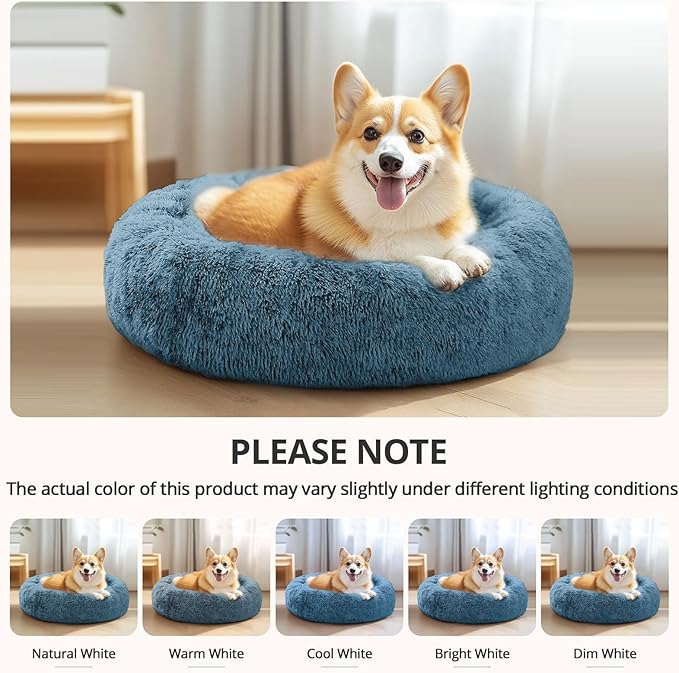 JOLLYVOGUE Calming Dog & Cat Bed for Small Dogs, Anti-Anxiety Donut Cuddler Cozy Soft Round Bed with Anti-Slip Bottom, Fluffy Faux Fur Plush Cushion Beds for Small Pets (20")