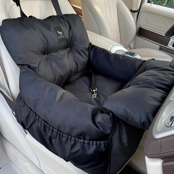 JACKO & CO Premium Dog Car Seat – Safe & Cozy Travel Bed and Carrier for Small Dogs, Puppies, Pets up to 25 lbs, Clip-On Leash & Storage Pockets, Water-Resistant, Machine Washable (Black, Small)