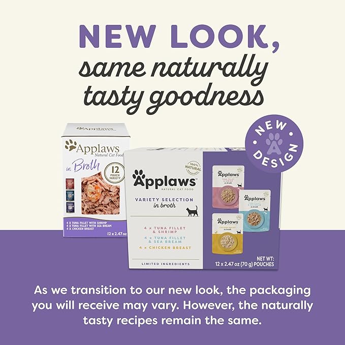 Applaws Natural Wet Cat Food in Broth, Limited and Natural Ingredients, High Protein with No Artificial Additives, Variety Pack in Broth (12 x 2.47oz Pouches)