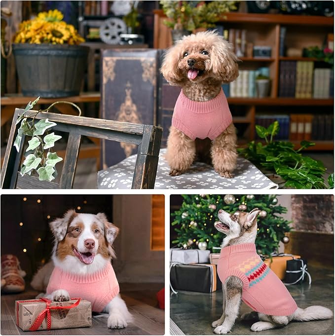 Kuoser Dog Sweater, Small Dog Sweater, Dogs Sweaters for Small Dogs Girl Boy, Thermal Puppy Christmas Sweaters Knitwear, Cold Weather Pet Winter Pullover Sweatshirt Apparel with Leash Hole, Pink XS