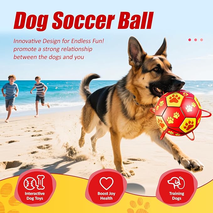 Size 2 Dog Soccer Ball with Straps Durable Training Ball for Pets Interactive Outdoor Dog Toy, Red & Yellow, Paw Prints Design, for Small to Medium Puppies, Pet Supplies
