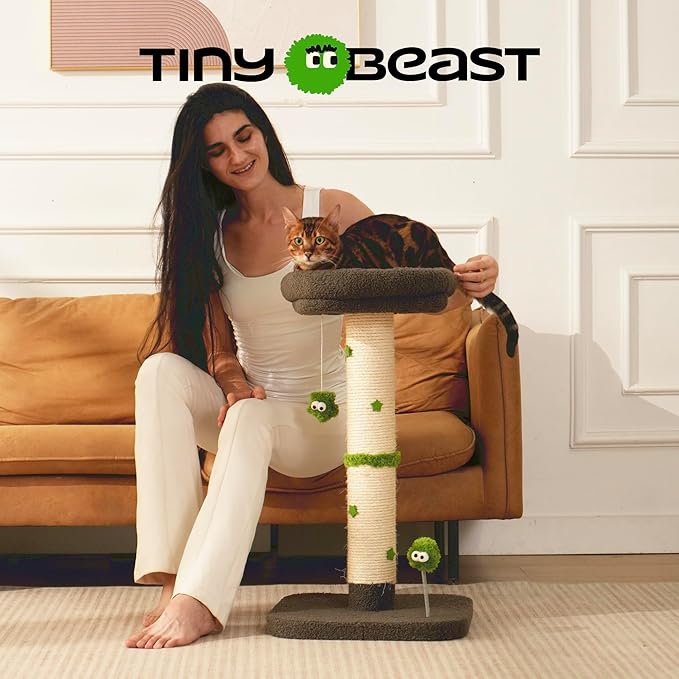 TINYBEAST 29.5" Tall Cat Scratching Post, 4-in-1 Natural Sisal Cat Scratcher with Removable Plush Perch Bed, Cat Stand Featuring Dangling Ball & Spring Ball, Cat Tree Tower for Indoor Adult Cats