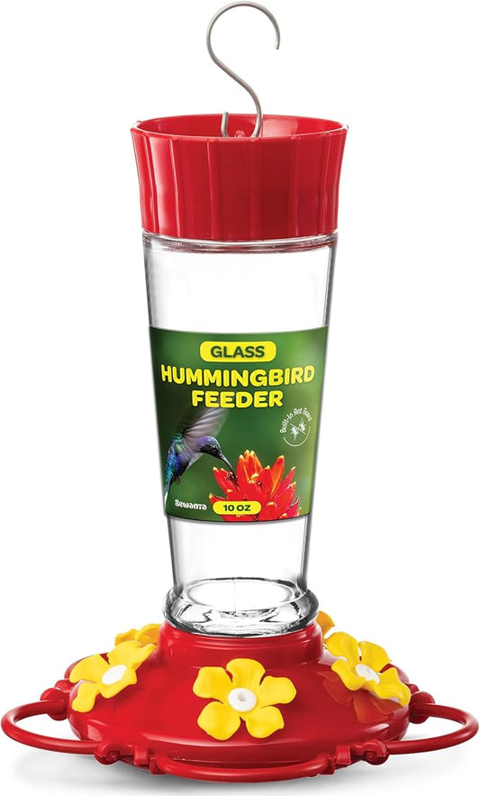 Hummingbird Feeder 10 oz Glass Hummingbird Feeders for Outdoors, with Built-in Ant Guard - Circular Perch with 5 Feeding Ports - Wide Mouth for Easy Filling/2 Part Base for Easy Cleaning