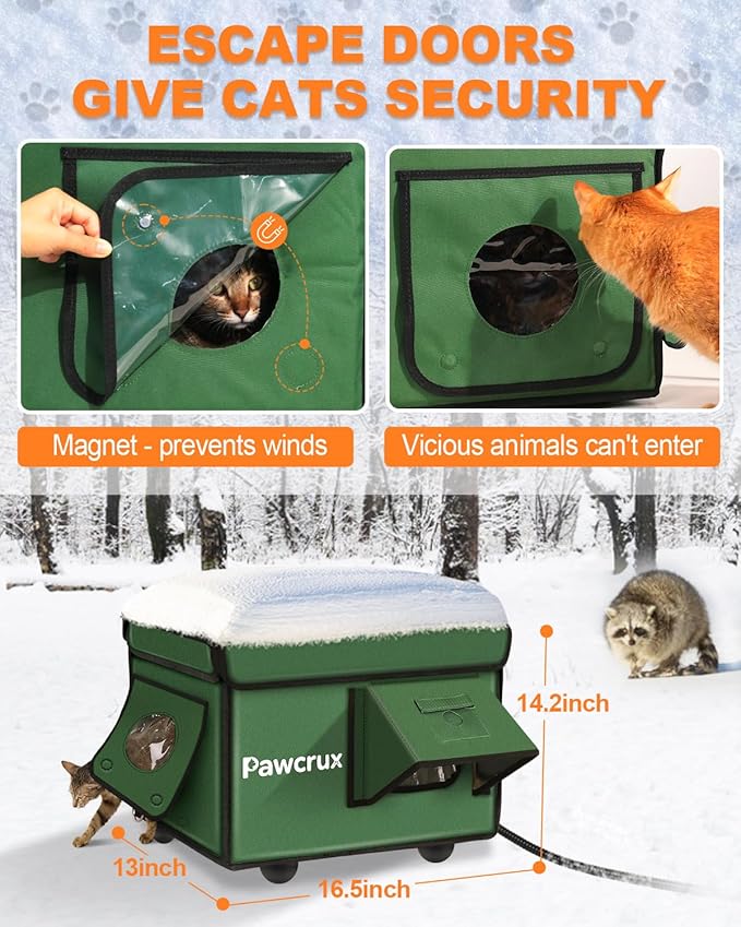 Weatherproof Heated Cat House for Outdoor in Winter, Heated Cat Bed Kitty Shelter with Cat Heating Pad, Insulated & Safe Escape Door, Warm Home for Outside Stray Cat