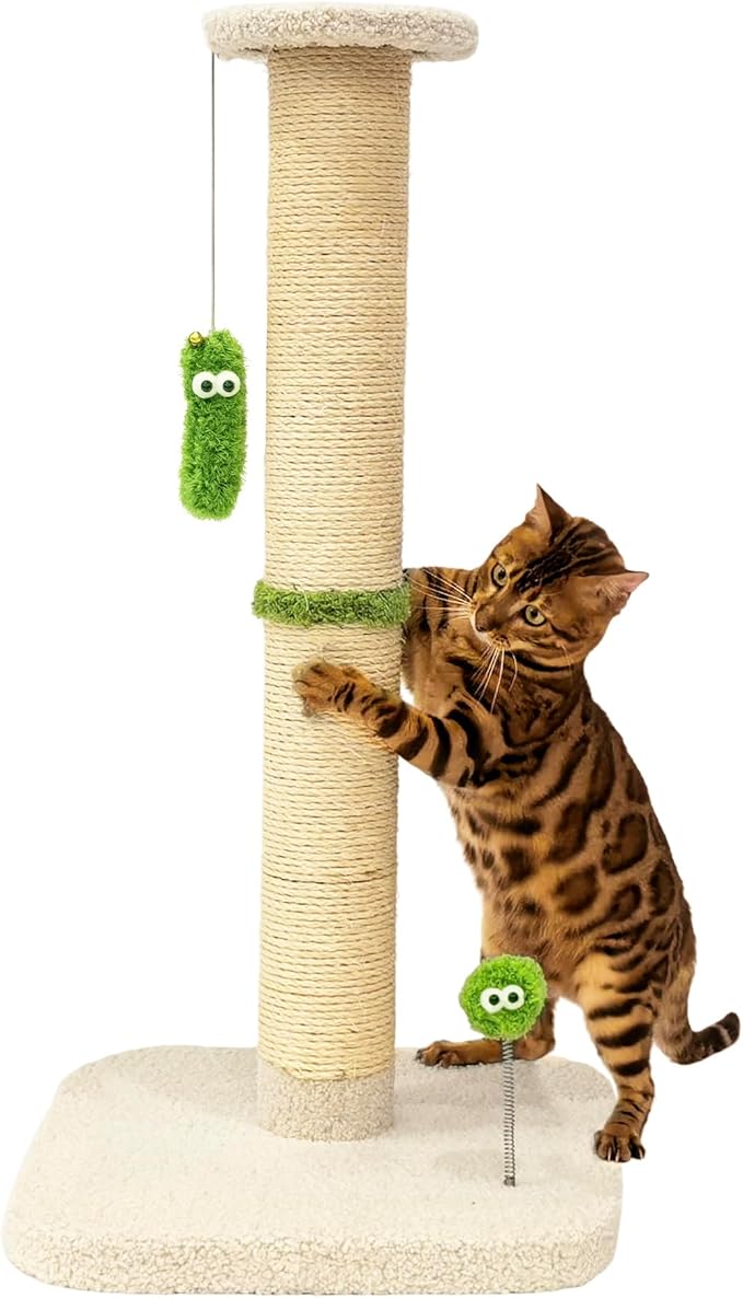 TINYBEAST 34.7" Tall Cat Scratching Post, 3 in 1 Sisal Cat Scratcher, Heavy Duty 4.3" Diameter Cat Tree with Hanging Bell Ball Toy and Reinforced Stable Base for Indoor Adult Cats & Kittens