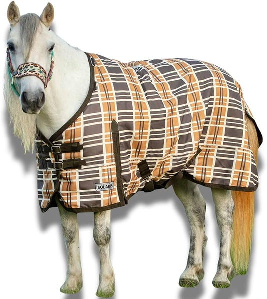 Jeffers Pony Poppins Solaris 1200 Denier Turnout Blanket Brown & Cream Plaid 48" - Waterproof, Breathable Horse Blanket with 0 gram Polyfill, No Insulation, Ideal Protection for Wind & Rain,