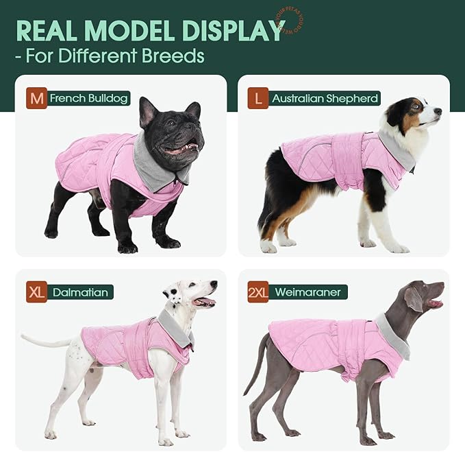 Kuoser Dog Jacket Warm Fleece Lined Dog Coats for Small Dogs, Waterproof Pet Coat Reflective Puppy Snowsuit with Harness Hole for Cold Weather Walking Hiking, Quilted Dogs Winter Vest, Pink, S
