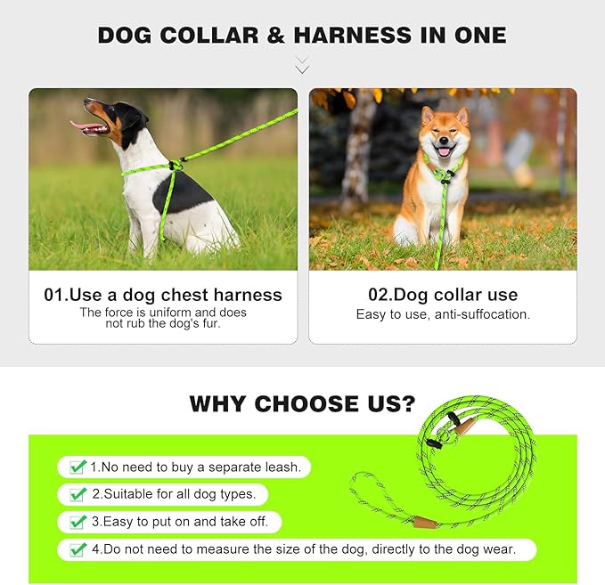 Lynxking No Pull Rope Dog Harness No Pull Reflective Leash Harness Collar 3 in 1 Dog Halter Harnesses Adjustable for Large Giant Dog (Light Green, Small 3/8 inch)