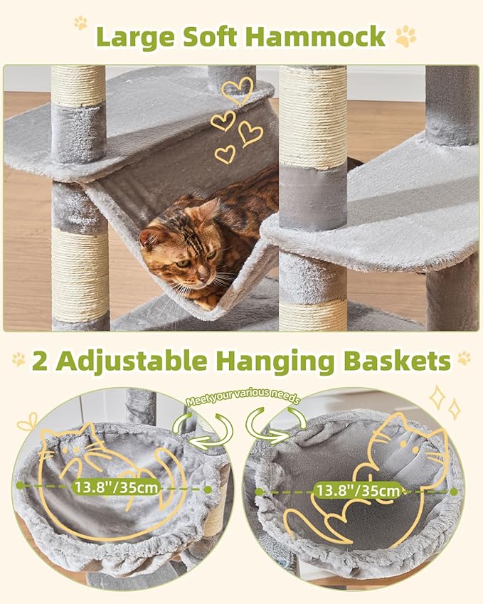 Taoqimiao Tall Cat Tree, 76-Inch Cat Tower with Scratching Posts，Sturdy Cat tree for Indoor Cats Large Adult with 2 Condos, 2 Perches, 2 Hanging Baskets, Hammock, 8 Scratching Posts, MS046W Light Gray