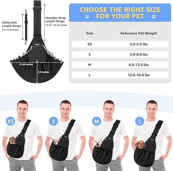 SlowTon Dog Carrier Sling - Thick Padded Shoulder Strap Adjustable Dog Carriers for Small Dogs, Puppy Carrier Purse for Pet Cat with Front Zipper Pocket Safety Belt Machine Washable (Dark Black, M)