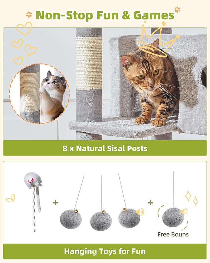 Taoqimiao Tall Cat Tree, 76-Inch Cat Tower with Scratching Posts，Sturdy Cat tree for Indoor Cats Large Adult with 2 Condos, 2 Perches, 2 Hanging Baskets, Hammock, 8 Scratching Posts, MS046W Light Gray