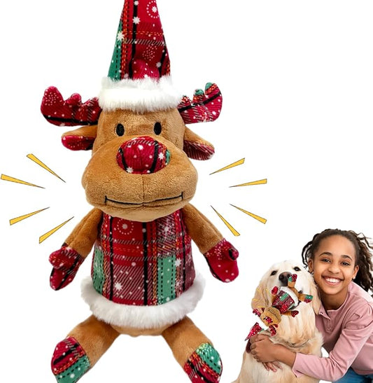 Christmas Dog Squeaky Toys with Crinkle, Xmas Interactive Plush Dog Toys, Dog Enrichment Chew Toys to Keep Them Busy, Dog Toys for Small Medium Large Size, Puppy Toys (Hat Deer)