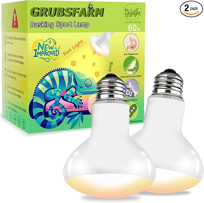 UVA Reptile Heat Lamp Bulb 60W - Basking Light for Bearded Dragons, Lizards, Tortoises, Chicks & Amphibians, Simulated Sunlight for Terrariums, Supports Bone Health & Metabolism | 2 Pack