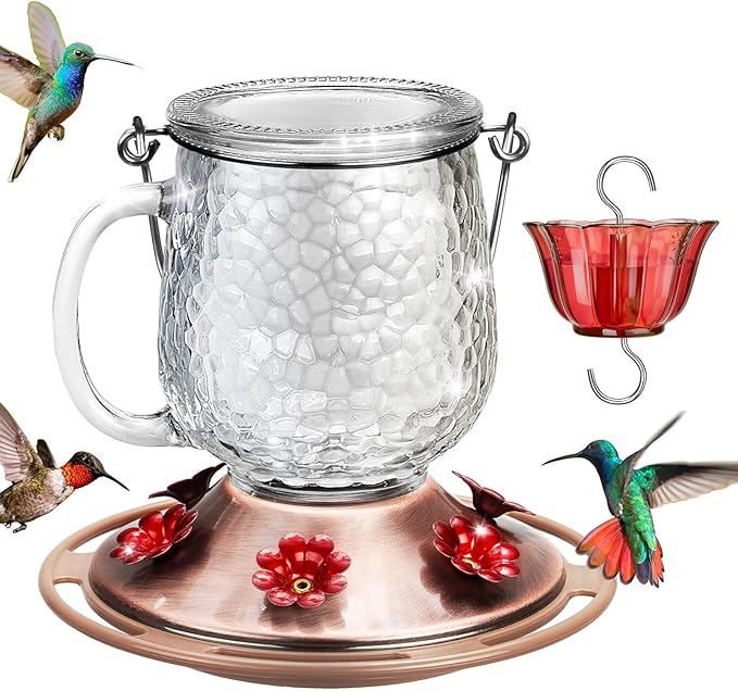 Kingsyard Glass Hummingbird Feeders for Outdoors, 16 Oz Wild Bird Feeder 6 Feeding Ports & Ant Moat Included, Hanging Bird Nectar Feeder for Garden Tree Yard Outside Decoration, Clear