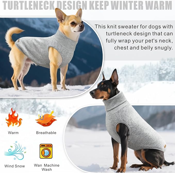 Mosucoirl Dog Sweaters Pet Pullover,Turtleneck Doggy Sweatshirt for Extra Large Dogs Thick Warm Dog Clothes Fleece Soft Winter Puppy Hoodies Outfit for Small Medium Large Dogs XS-4XL (Grey, 2XL)