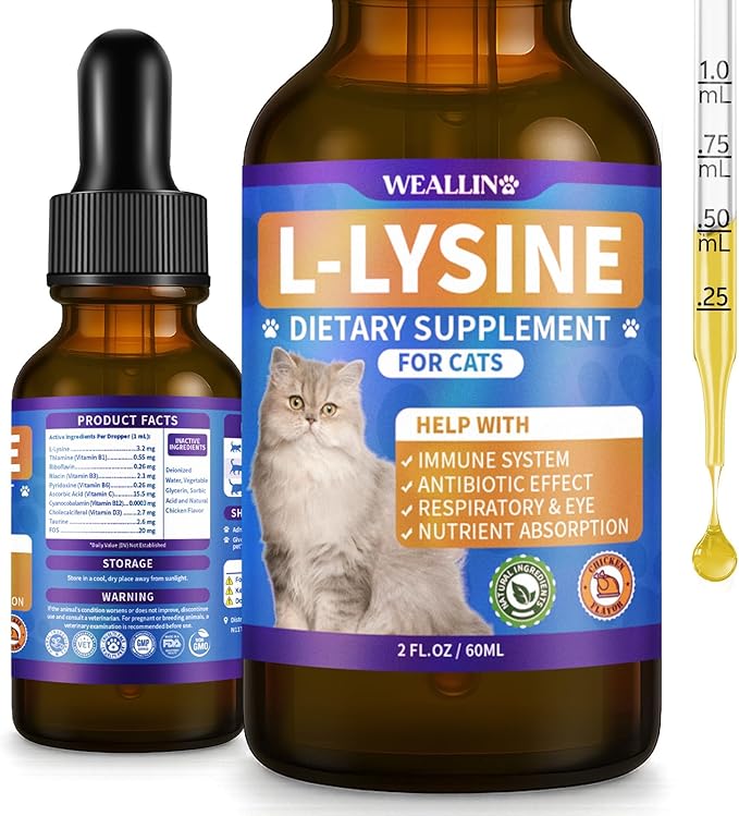 L-lysine Supplement for Cats, Immune Support for Cats, Support for Feline Respiratory, Sneezing, Runny Nose, Eye Function, Helps Strengthen Natural Defenses, Chicken Flavor, 60 ml/2 Fl Oz