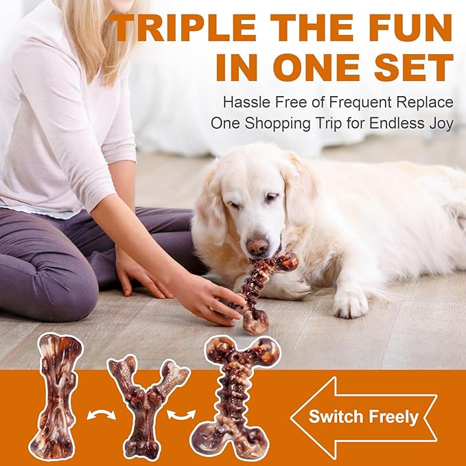 Dog Toys for Aggressive Chewers - 3 Pack Bacon Flavored Indestructible Dog Toy, Tough Chew Bone for Medium Large Breed 25-80lbs to Keep Them Busy