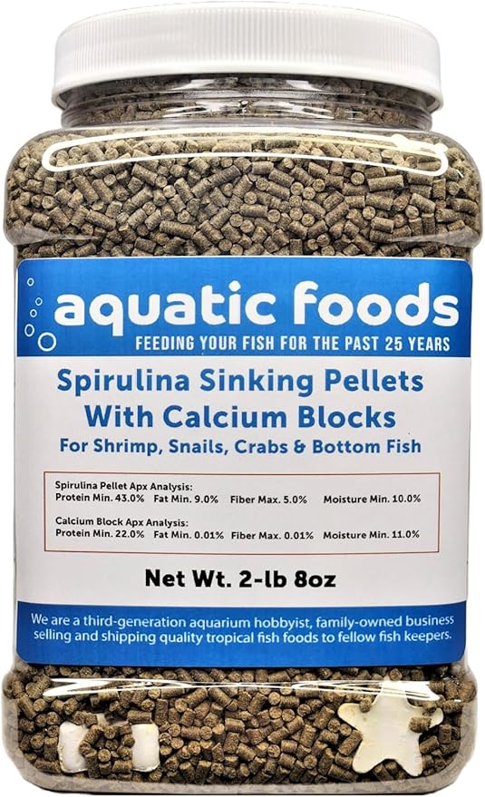 Aquatic Foods Inc. Calcium Blocks Included in These Spirulina Sinking Pellets for Shrimp, Snails, Crabs, Catfish, Plecos for All Tropical Fish 1/16" x 3/8" Pellets by Zeigler…2-lb 8oz Med Jar